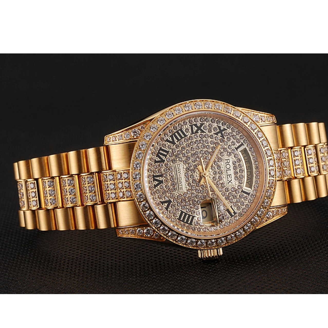 Aaa replica Swiss Diamond 1453956 Gold Bracelet Diamond Pave Day-Date Rolex Dial 0731